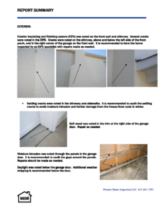 Report summary of the Premier Home inspection sample report.
